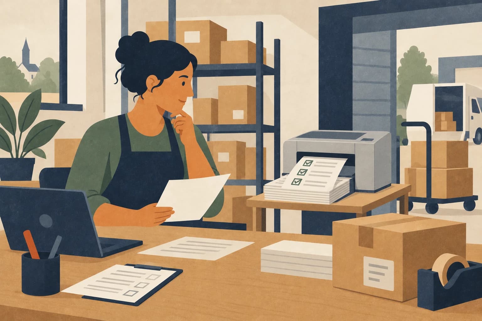 Grafische Illustration: Eine Mitarbeiterin prüft vorbereitete Auftragsunterlagen in einem kleinen Lagerbüro.