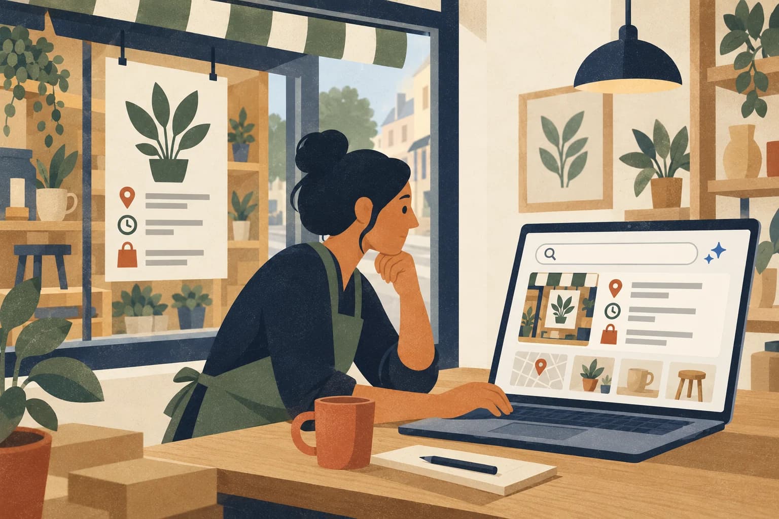 Grafische Illustration: Eine Ladeninhaberin vergleicht ihre öffentlichen Angebotsinformationen mit einer Suchansicht am Laptop.