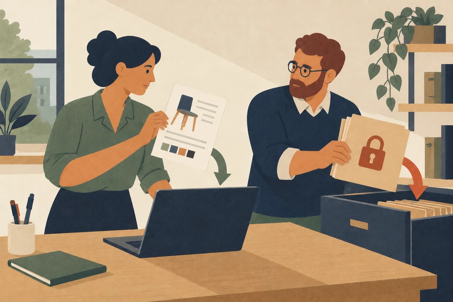 Grafische Illustration: Zwei Mitarbeitende trennen eine allgemeine Produktinformation von einer geschlossenen vertraulichen Mappe.