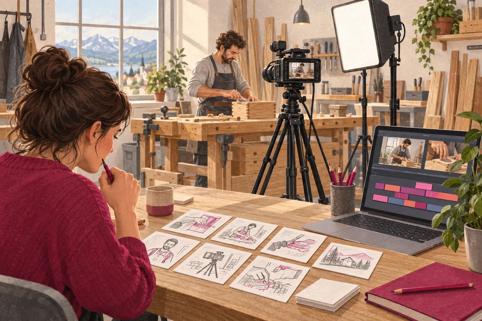 Ein kleines Filmteam dreht in einer Werkstatt, daneben liegen Storyboard-Skizzen und ein Schnittprogramm.