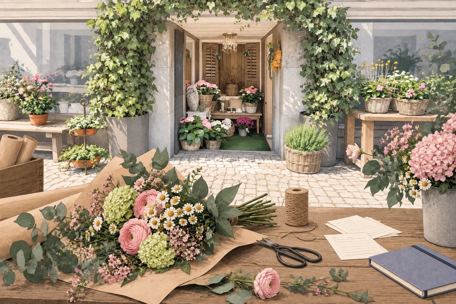 Illustration eines Blumenarbeitstisches vor dem von Efeu gerahmten Landleben-Eingang.