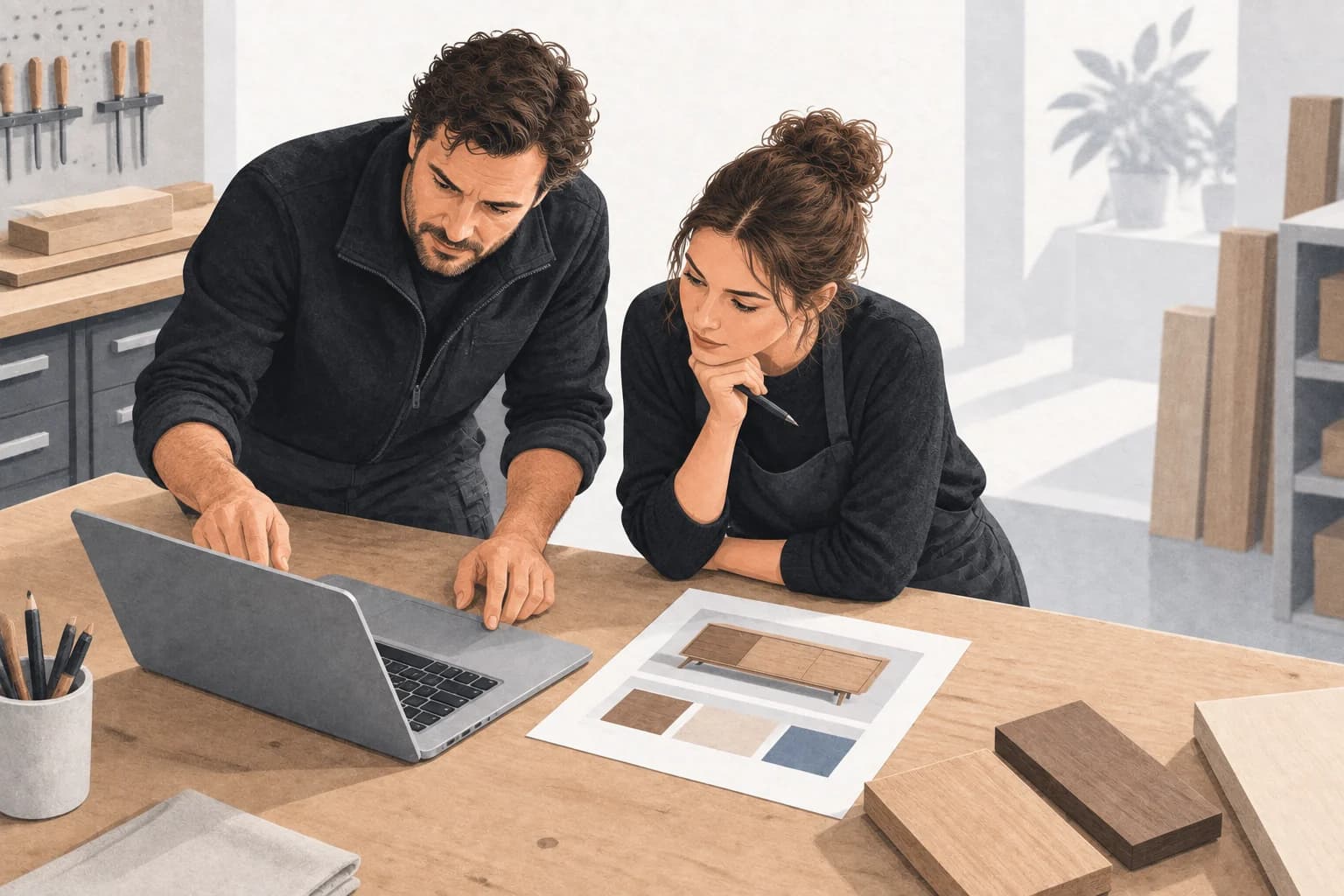 Zwei Mitarbeitende einer Werkstatt erproben einen Entwurf am Laptop anhand eines Kundenauftrags.