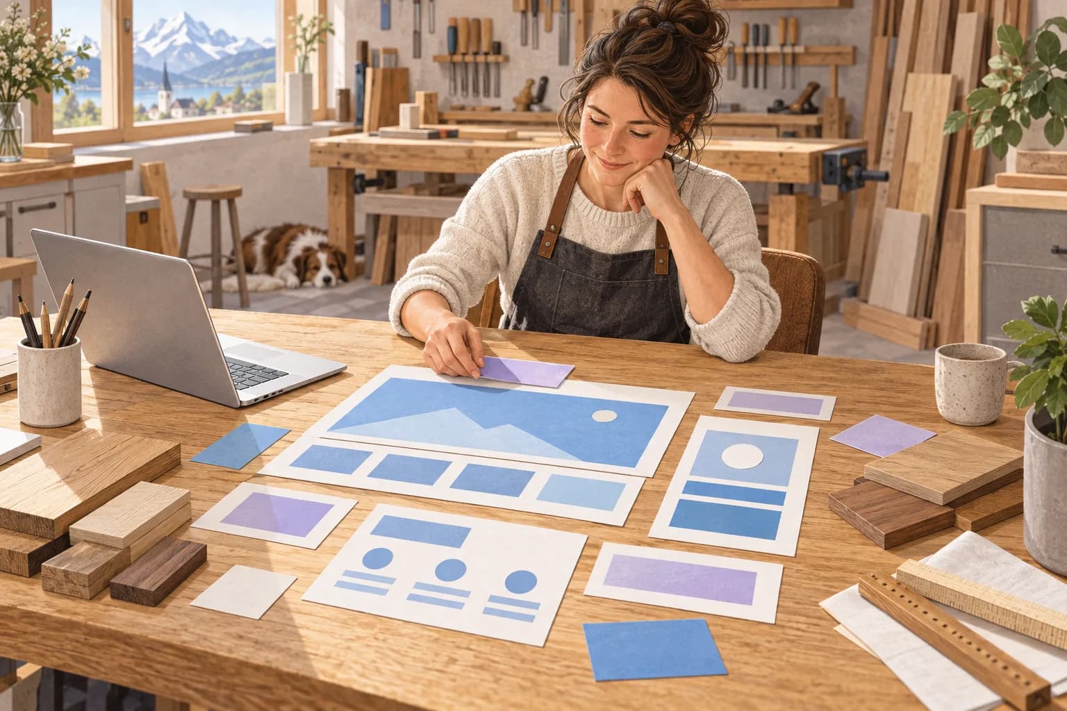 Eine Inhaberin einer Schreinerei ordnet auf ihrem Werktisch Papierbausteine einer Website.