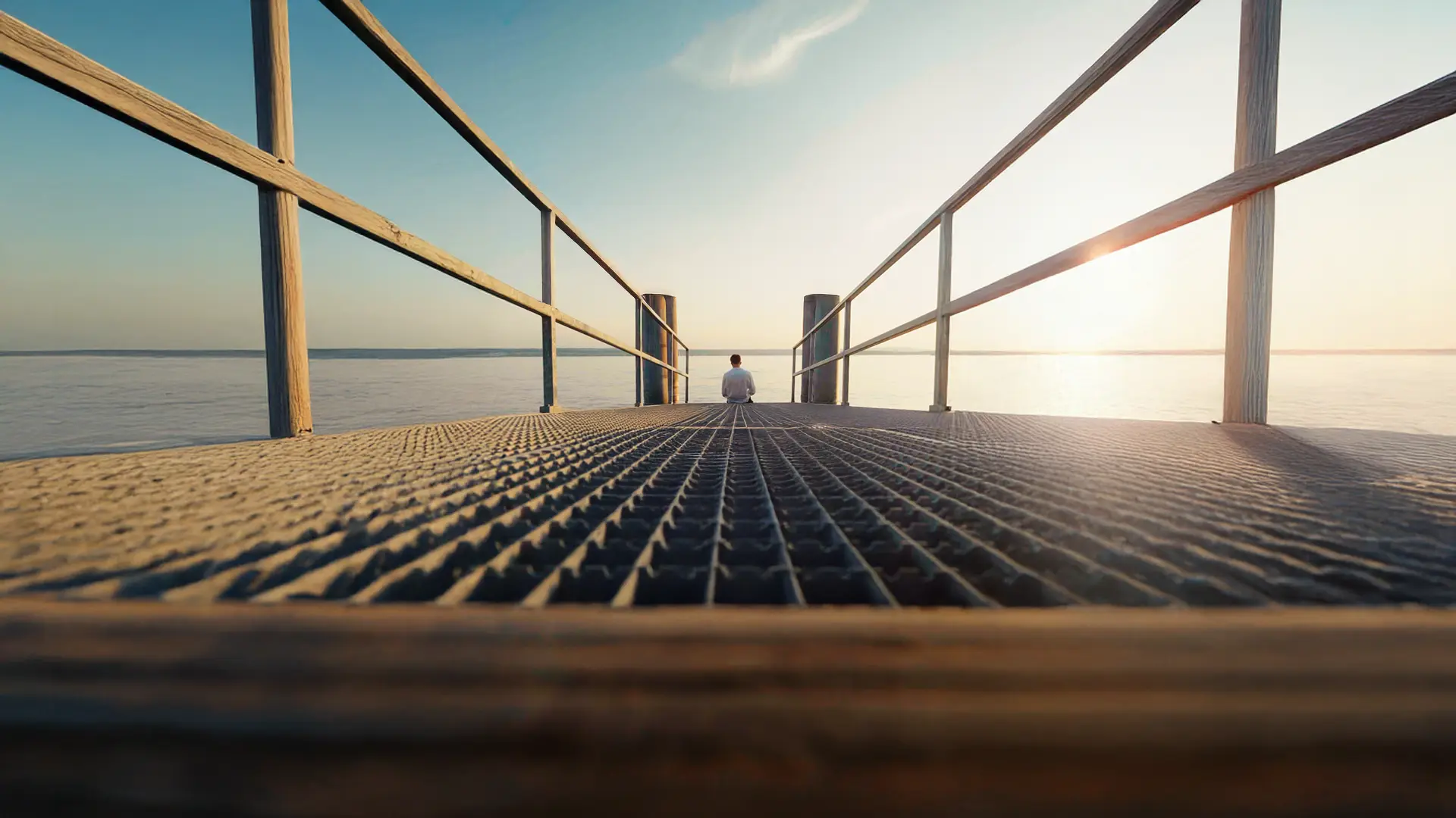 Cinematic pier shot at sunset with figure in the distance