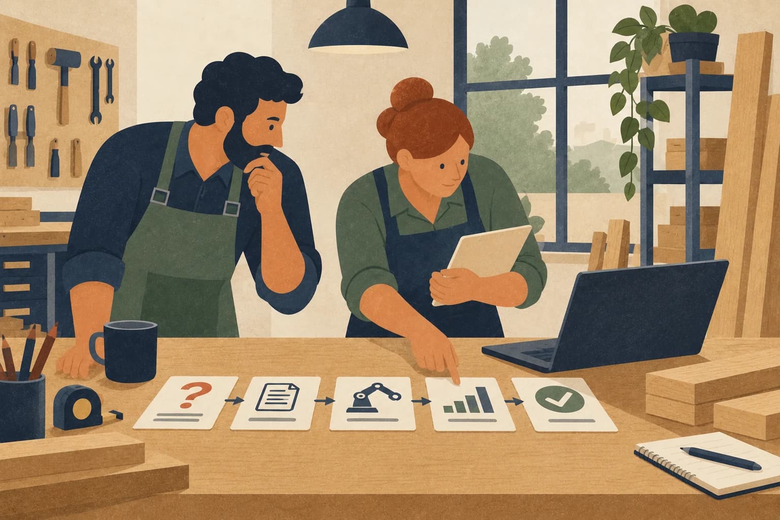 Grafische Illustration: Eine Werkstattinhaberin und ein Mitarbeiter prüfen einen kleinen Test mit Auftragskarten und Messnotizen.