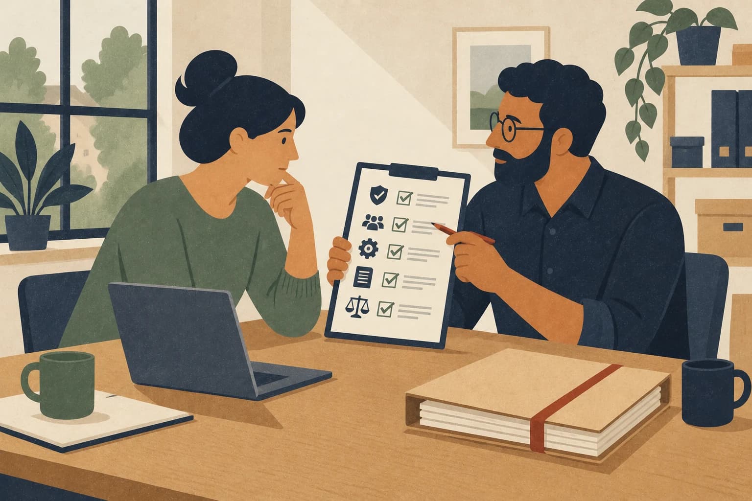 Grafische Illustration: Zwei Personen besprechen eine kurze Checkliste am Tisch; vertrauliche Unterlagen bleiben geschlossen.